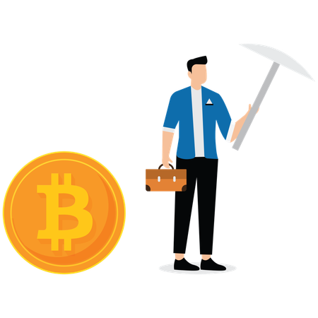 Homme d'affaires tenant une pioche et des bitcoins  Illustration