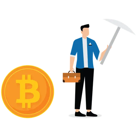 Homme d'affaires tenant une pioche et des bitcoins  Illustration