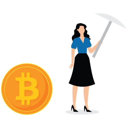 Homme d'affaires tenant une pioche et des bitcoins  Illustration