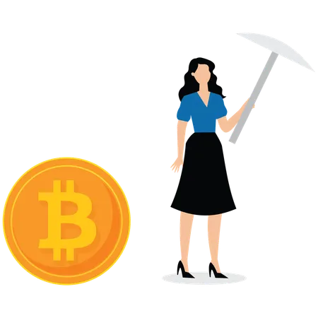 Homme d'affaires tenant une pioche et des bitcoins  Illustration