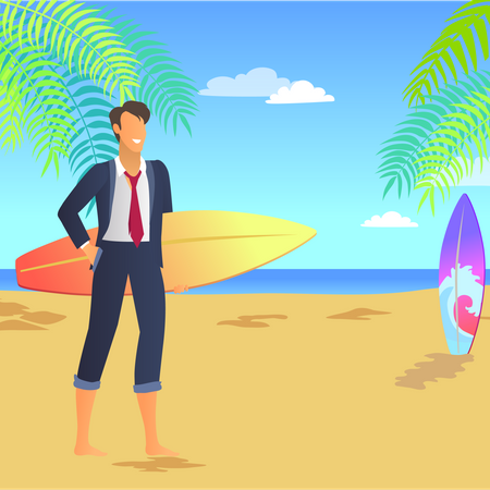 Homme affaires, tenue, planche surf  Illustration