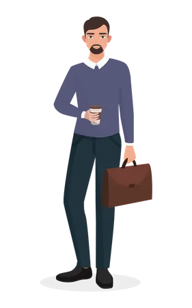 Homme d'affaires tenant une tasse de café et un sac de bureau  Illustration