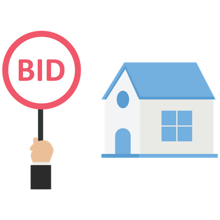 Homme d'affaires est titulaire d'un panneau d'offre pour vendre une maison aux enchères  Illustration