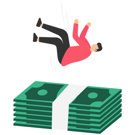 Homme d'affaires tombant sur un coussin de sécurité de billets d'argent énormes  Illustration