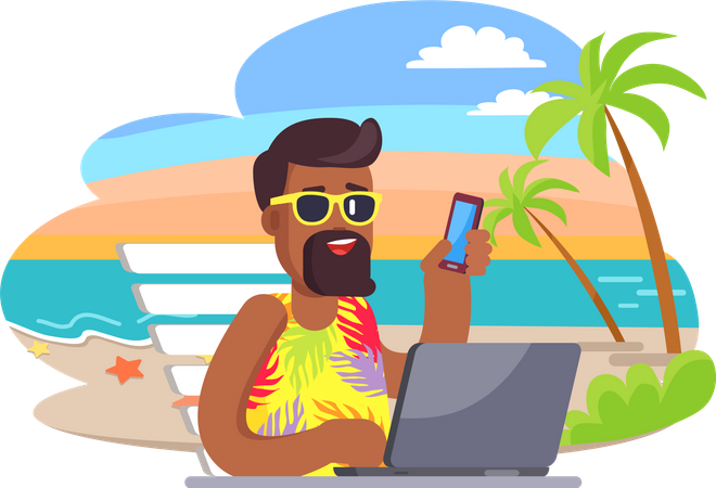 Touriste d'homme d'affaires travaillant avec le téléphone pendant les vacances d'été  Illustration