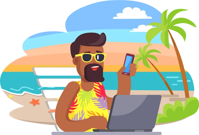 Touriste d'homme d'affaires travaillant avec le téléphone pendant les vacances d'été  Illustration