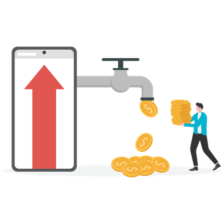Homme d'affaires transportant des pièces d'un dollar depuis un robinet d'eau sur son téléphone portable  Illustration