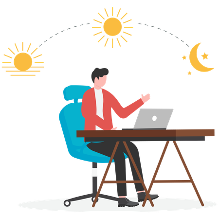 Homme d'affaires travaillant jour et nuit avec un ordinateur portable  Illustration