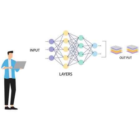 Un homme d'affaires travaille sur les couches neuronales d'apprentissage profond  Illustration