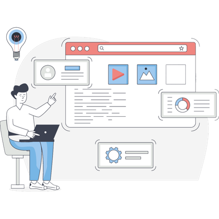 Homme d'affaires travaillant sur le contenu du site Web  Illustration