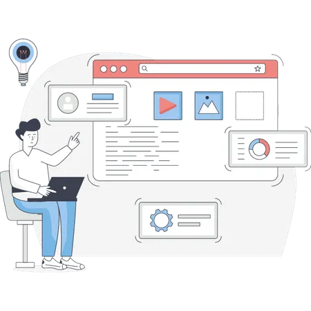 Homme d'affaires travaillant sur le contenu du site Web  Illustration