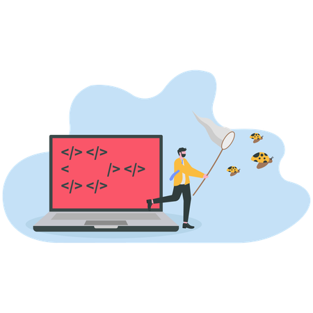 Un homme d'affaires travaille sur un bug logiciel  Illustration