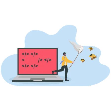 Un homme d'affaires travaille sur un bug logiciel  Illustration