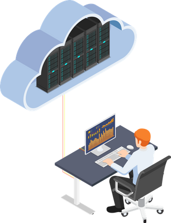 Homme d'affaires travaillant sur un ordinateur de bureau et téléchargeant sur le stockage cloud  Illustration