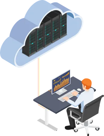 Homme d'affaires travaillant sur un ordinateur de bureau et téléchargeant sur le stockage cloud  Illustration