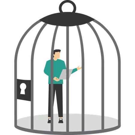 Homme d'affaires travaillant sur un ordinateur portable dans une cage  Illustration