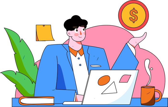 Homme d'affaires travaillant sur un ordinateur portable tout en donnant des conseils financiers  Illustration