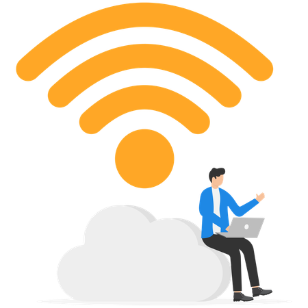 L'homme d'affaires travaille à distance en utilisant la connexion wifi  Illustration