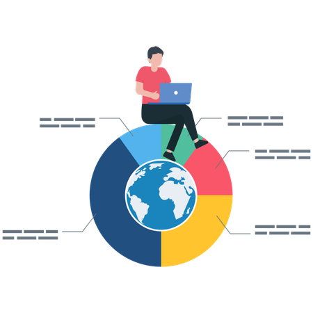 Un homme d'affaires travaille avec un ordinateur portable sur un diagramme circulaire mondial  Illustration