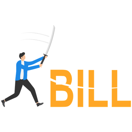 Homme d'affaires utilisant l'épée pour réduire la facture  Illustration