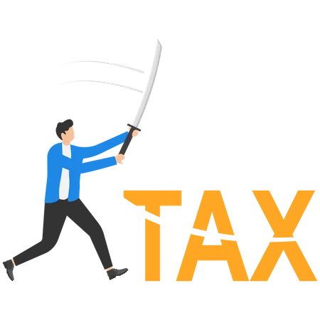 Homme d'affaires utilisant l'épée pour réduire les impôts  Illustration