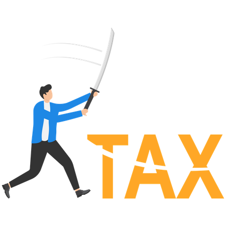 Homme d'affaires utilisant l'épée pour réduire les impôts  Illustration