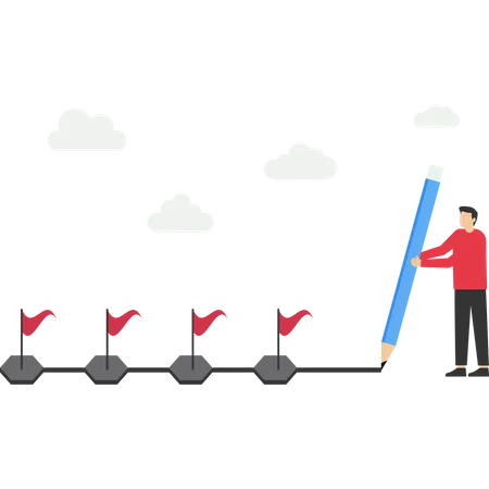 Homme d'affaires utilisant un crayon pour tracer des lignes de flux de travail avec des drapeaux de réalisation d'étapes  Illustration