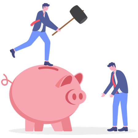 Homme d'affaires utilisant un marteau pour casser une tirelire  Illustration