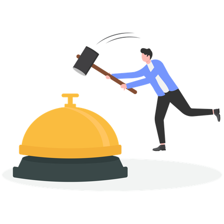 Homme d'affaires utilisant un marteau appuyant sur la sonnette du concierge  Illustration