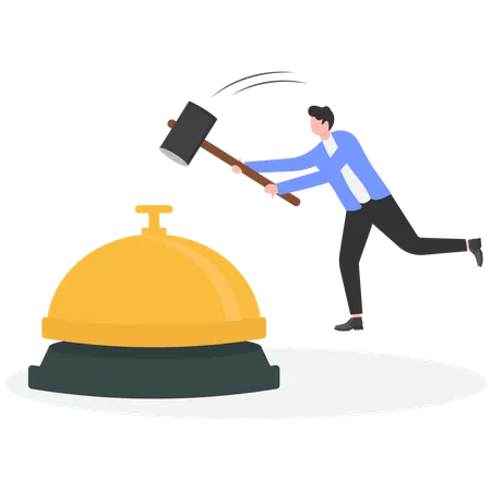 Homme d'affaires utilisant un marteau appuyant sur la sonnette du concierge  Illustration