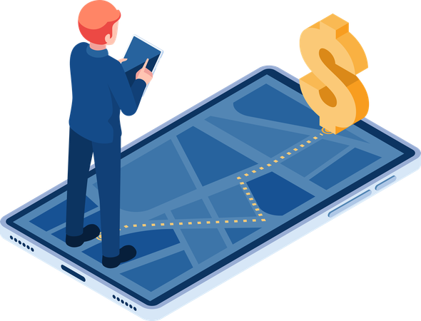 Un homme d'affaires utilise la navigation GPS pour suivre son argent  Illustration