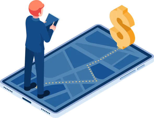 Un homme d'affaires utilise la navigation GPS pour suivre son argent  Illustration