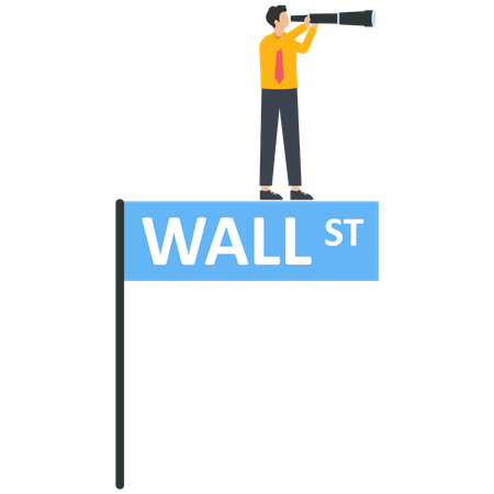 Un homme d'affaires utilise un télescope portatif sur un panneau de Wall Street  Illustration