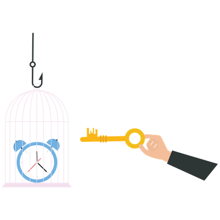 L'homme d'affaires utilise une clé pour déverrouiller une horloge depuis une cage  Illustration