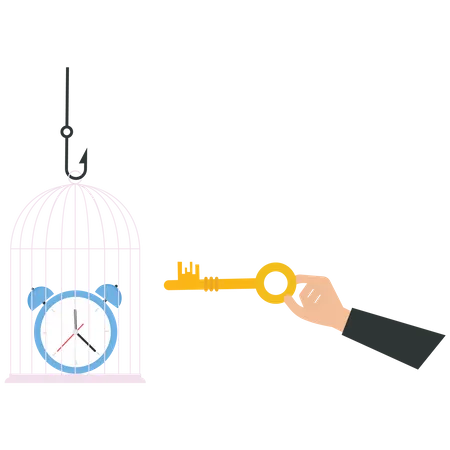 L'homme d'affaires utilise une clé pour déverrouiller une horloge depuis une cage  Illustration