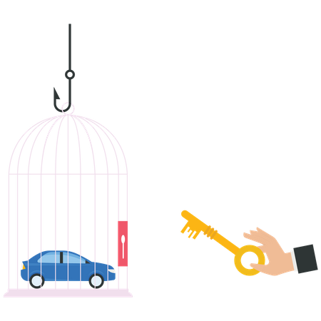 L'homme d'affaires utilise une clé pour déverrouiller une voiture depuis une cage  Illustration