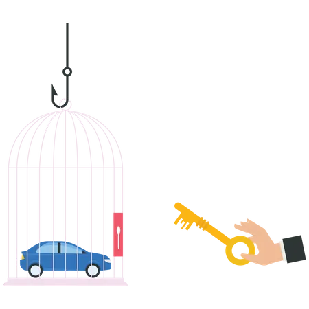 L'homme d'affaires utilise une clé pour déverrouiller une voiture depuis une cage  Illustration