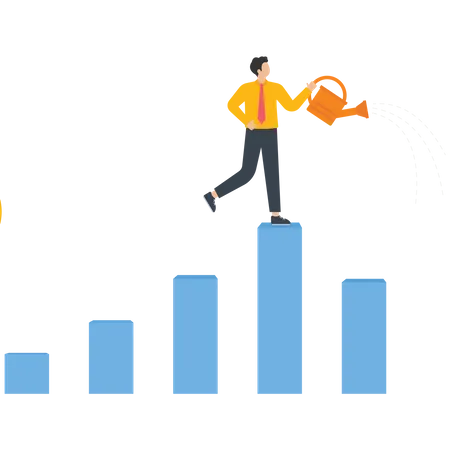 Homme d'affaires versant de l'eau dans un graphique à barres  Illustration