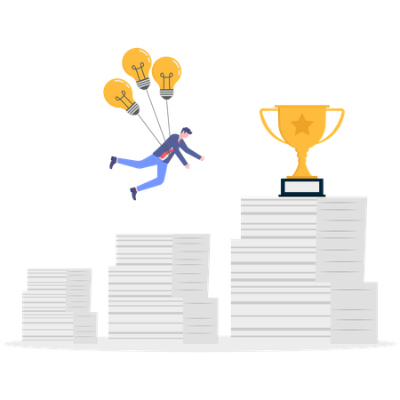Un homme d'affaires vole avec une ampoule et une coupe trophée au sommet du rapport  Illustration