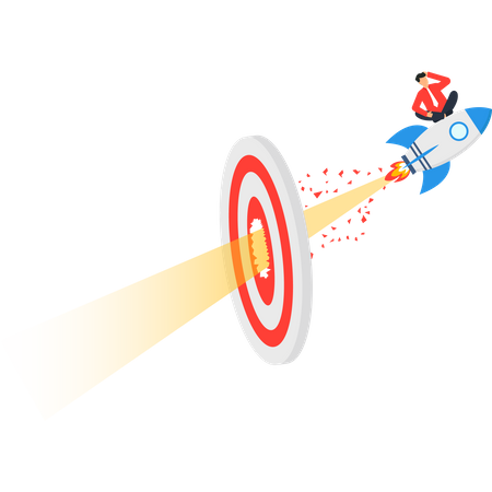 Homme d'affaires volant avec une fusée atteignant la cible  Illustration