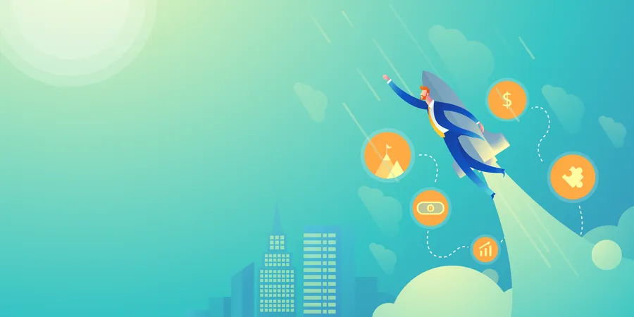 Homme d'affaires volant avec une fusée sur fond de ciel  Illustration