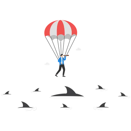 Homme d'affaires volant en parachute pour voir une opportunité commerciale  Illustration