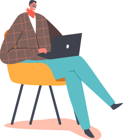 Homme mûr travaille sur un ordinateur portable  Illustration