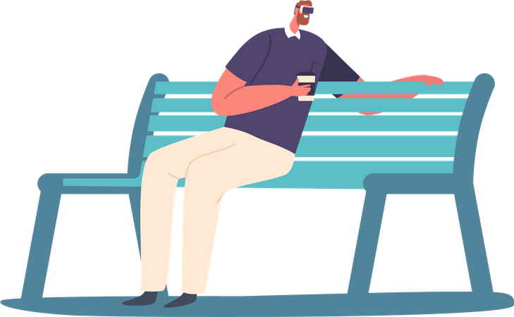 Homme dans un casque assis sur un banc avec une tasse de café à la main  Illustration