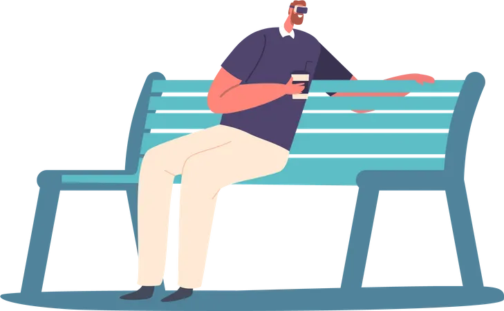 Homme dans un casque assis sur un banc avec une tasse de café à la main  Illustration