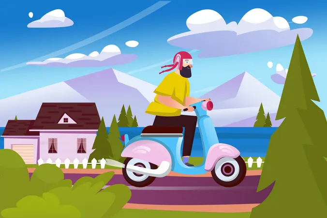 Un homme en casque monte un cyclomoteur sur la route  Illustration