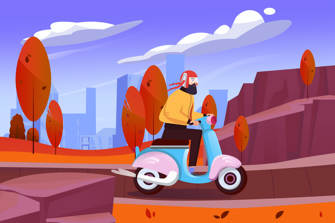Un homme en casque monte un cyclomoteur sur la route  Illustration