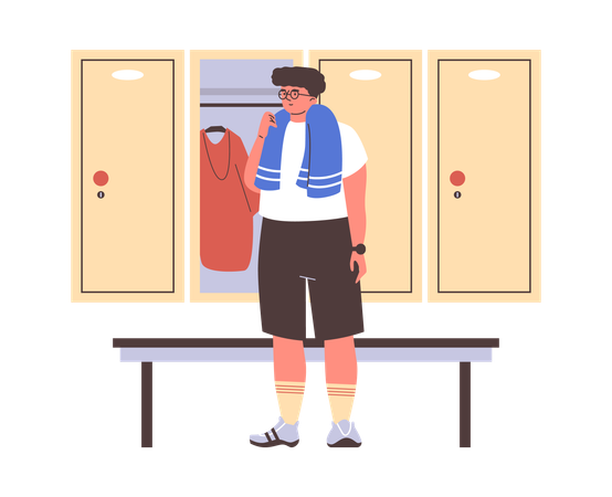 Un homme agite une serviette dans un vestiaire sportif  Illustration