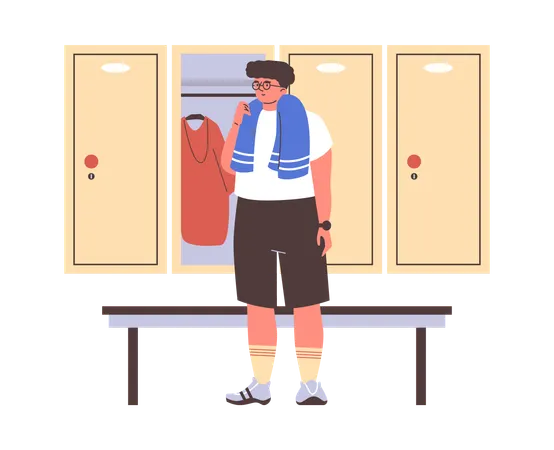 Un homme agite une serviette dans un vestiaire sportif  Illustration