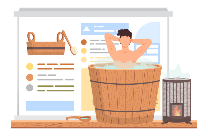 Homme dans une baignoire chaude  Illustration